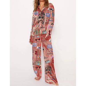 Stampa su richiesta con design a bottone in seta <span class=keywords><strong>pigiama</strong></span> da donna completo <span class=keywords><strong>pigiama</strong></span> da donna - Product Image 2
