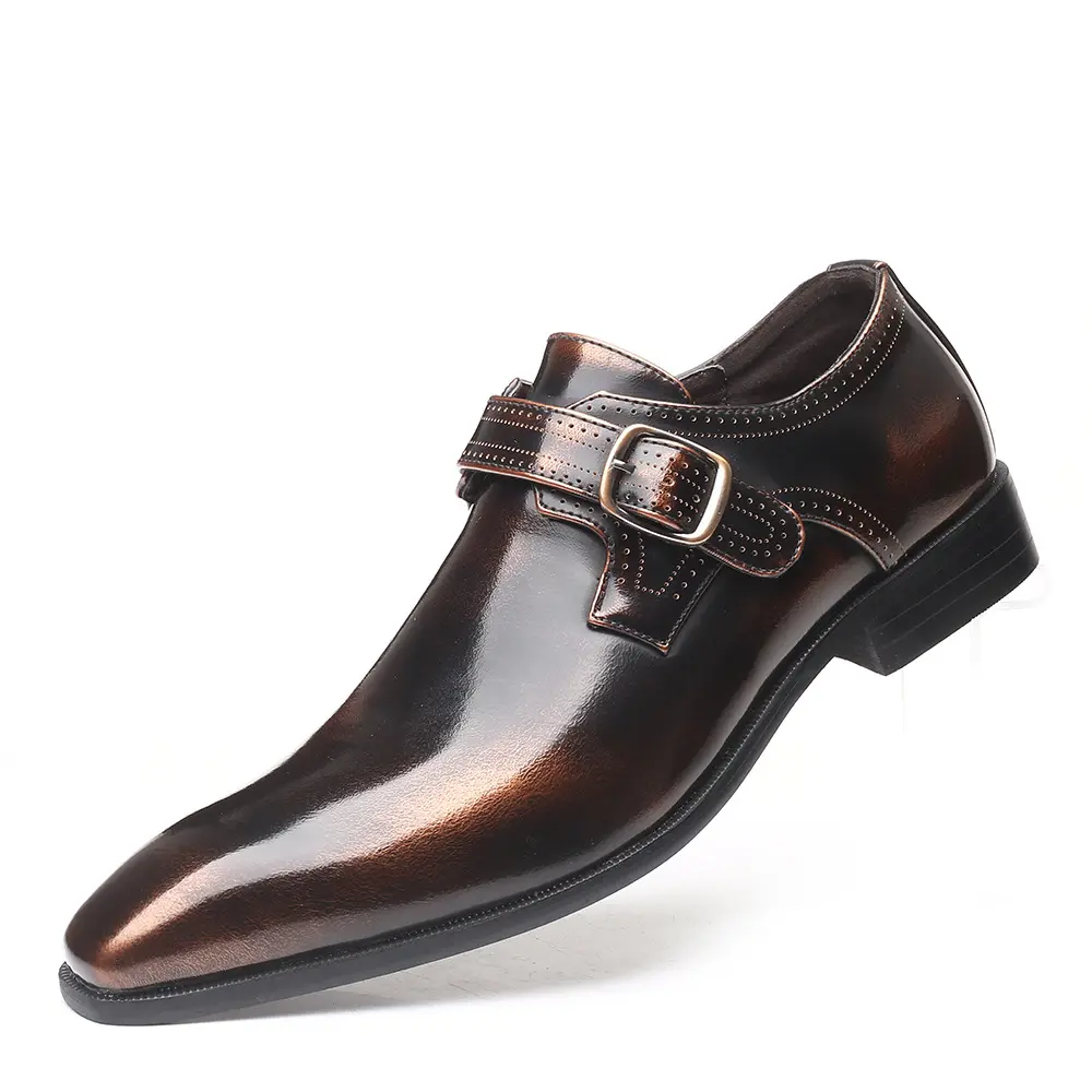 Fashion Vintage Buckle Derby Shoes Leather Dress Shoes Wedding Party Shoes Mens Business Office Oxfords Slip-On Flats