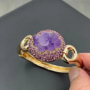 Crystal Healing Unique Natural Raw Stone Amethyst gold cuff Bracelet With Czech Rhinestones Fasion Bracelet for Women