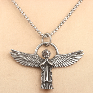 <b>Angel</b> Boy Pendant Stainless Steel Wings Themed <b>Charm</b> Men's Necklace Gift - Product Image 1