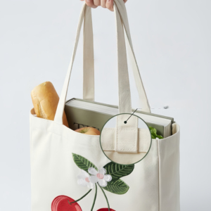 New Solid Color <b>Canvas</b> <b>Tote</b> Bag Beaded Embroidery Cherry Pattern Large Capacity Exposure Closure Winter 2025 Daily Use for - Product Image 2