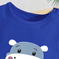 Romper Bayi Musim Panas 2026 Motif Hippo 100% Katun Lengan Pendek Warna Biru Kancing Tekan di Selangkangan untuk Pakaian Anak Laki-laki