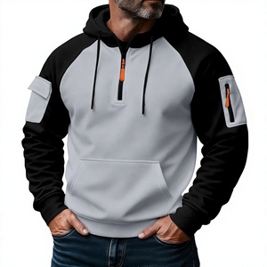 Sudadera con Capucha para Hombre, Cierre de Cremallera de 1/4, Manga Raglán, Color Sólido, Diseño Casual con Bolsillos, Transpirable, de Forro Polar, para Otoño - Product Image 2