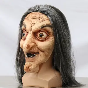 Nicro Halloween Supplies Costume Party Scary Scene Dress Up Props Scary Long Hair Witch Old Man Head Grimace Horror Mask