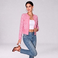 Cardigan en acrylique rose pour femme, style classique, col rond, boutons en strass à une rangée, coupe ajustée, manches longues, anti-plis