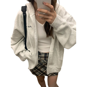 Grey Korean Style Fleece Lined Sweatshirt Women Winter Hooded Drawstring Zipper <b>Cardigan</b> Casual Loose Top - Product Image 5