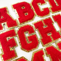 Patchs lettres en chenille rouge, alphabet A-Z avec paillettes dorées, lettres brodées thermocollantes pour vestes, sacs à dos, vêtements DIY