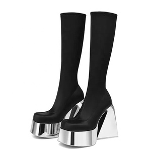 Women Thick Chunky Heels Knee High Platform Boots Triangle Heels Shiny Mirror Bottom Long Square Toe <b>Sock</b> Shoes - Product Image 3