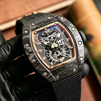 Montre mécanique automatique pour homme avec boîtier en fibre de carbone, cadran squelette, lunette en or rose, bracelet en fibre de carbone, montre de sport de luxe pour homme