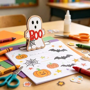 Decorazione di Halloween in Legno a Forma di Fantasma, Insegna BOO, Ornamento Sospeso a Cartone Animato, Decorazione da Tavolo e Mensola per Feste e Casa, Spaventosa - Product Image 1