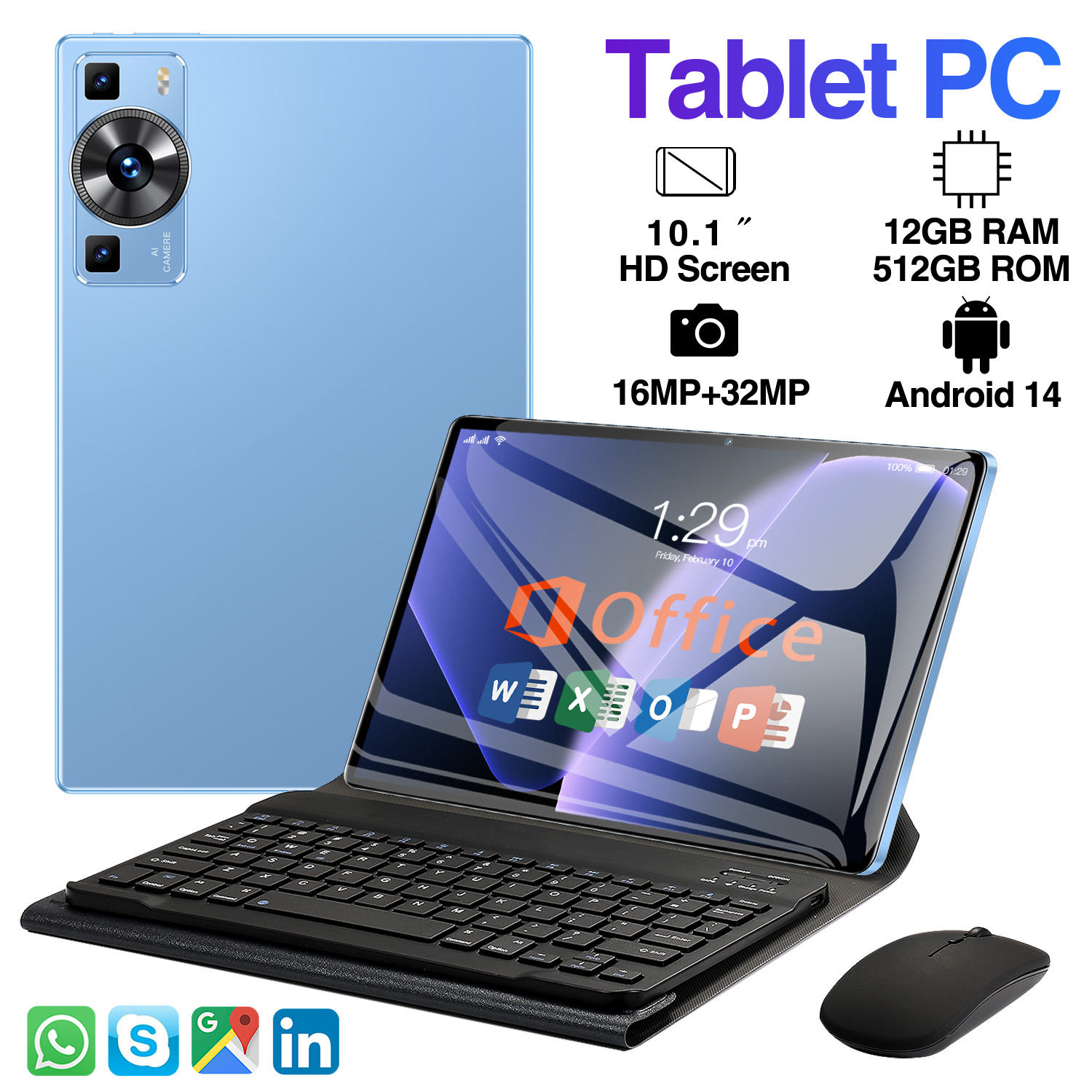 Android 14 Tablet PC - 12GB RAM, 512GB Storage, 10.1 Inch Screen