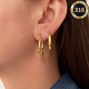 Boucles d'oreilles pendantes vintage à nœud, deux paires de boucles d'oreilles créoles simples en acier inoxydable 316 plaqué or, accessoires pour femmes - Product Image 1