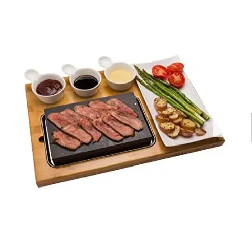 Piring Atas Meja Panggangan Lava Batu Steak Panas, BBQ Keramik Hidangan Samping dan Bambu Persegi Panjang Kayu Disesuaikan Ramah Lingkungan LFGB