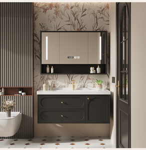 Meuble-lavabo mural de salle de bain de luxe moderne gris foncé laqué en PVC, avec vasque en céramique, miroir et deux tiroirs – Nouveauté 2026 – Fournisseur d'usine - Product Image 5