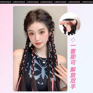 วิกผมหางม้าถักเปียสีหวานเท่ ไฮไลท์สีชมพู ต่อผมยาวแบบเกลียวคู่ สำหรับผู้หญิง สไตล์แมท ลุคสาวฮอต - Product Image 4