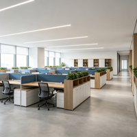 Intérieur de bureau moderne avec bureaux linéaires pour équipes, îlot de réunion, espace de gestion, espace de travail en îlot et zone sociale décontractée