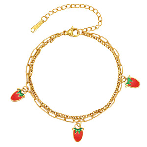 Commercio all'ingrosso oro placcato in acciaio al titanio doppio braccialetto di fascino fragola da ragazza dolce in stile vento in acciaio inox gioielli di nicchia - Product Image 1
