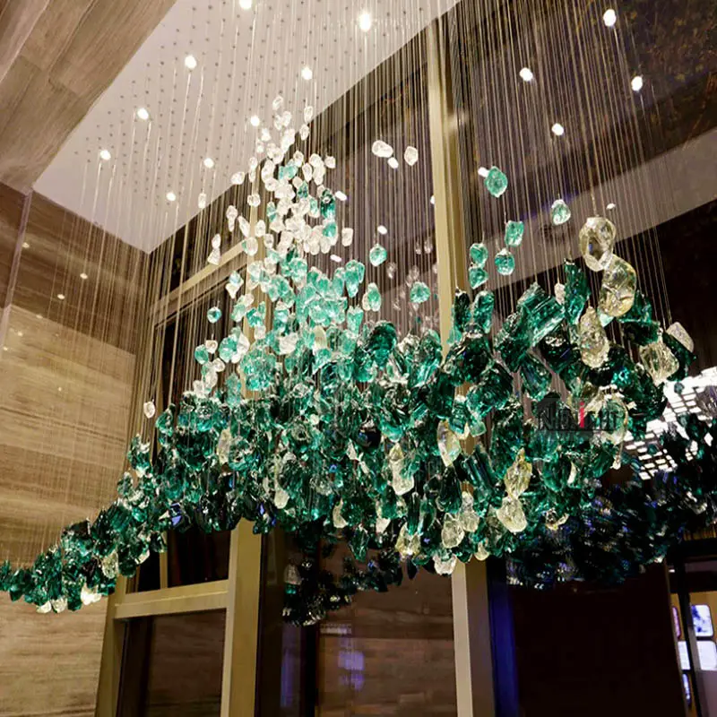 Guzhen factory custom stone pendant lamp,yellow,red,green color shaped glass art chandelier for hotel lobby villa corridor