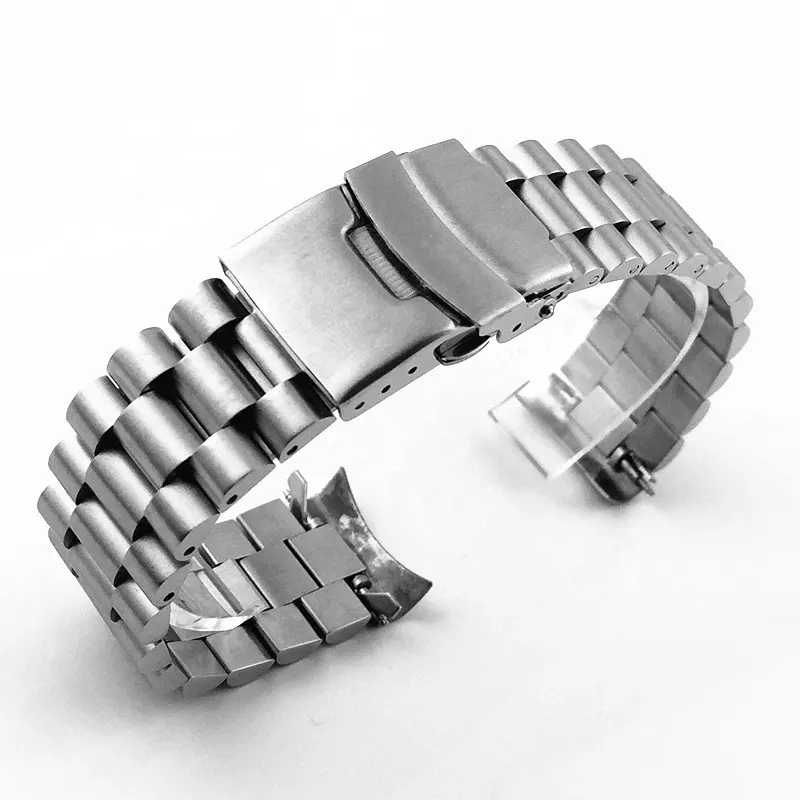 20mm 22mm silver curved end 3 link double button clasp solid stainless steel seiko watch band strap bracelet