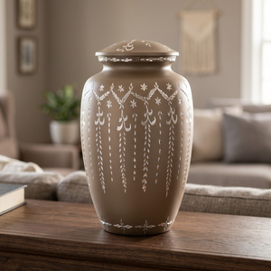 Urne en céramique beige classique avec gravure florale blanche, vase fait main avec couvercle pour décoration intérieure et condoléances - Product Image 1