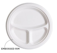 Assiette ronde 10 pouces à 3 compartiments en bagasse de canne à sucre 100 % compostable et biodégradable, qualité alimentaire, jetable