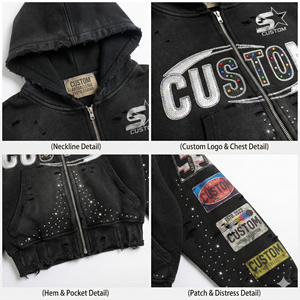 Custom Distressed Embroidery Zip up Rhinestone Graphic Boxy Hoodie Sweatpants Acid Wash <strong>tracksuit</strong> Mens Hoodies Sweatshirt Sets - Product Image 4