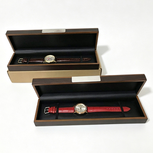 Wooden <b>Watch</b> Box <b>Set</b> Dark Wood Grain Finish Black Leather Lining Metal Decorative Plate Outer Carton Included - Product Image 3
