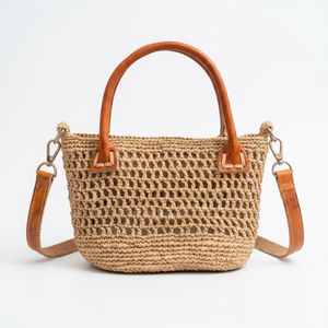 Bolso Tote Mini de Ganchillo con Asas de Rafia, Cierre de Cremallera, Estilo Bohemio de Verano, Bolso de Mano Abierto para Mujer - Product Image 2