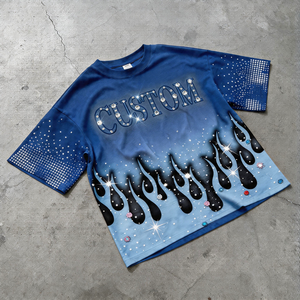 Camiseta Personalizada para Hombre, Estilo Retro, Corte Holgado, Cuello Redondo, Verano, Efecto Desgastado por el Sol, con Brillo y Pedrería, Manga Corta - Product Image 1