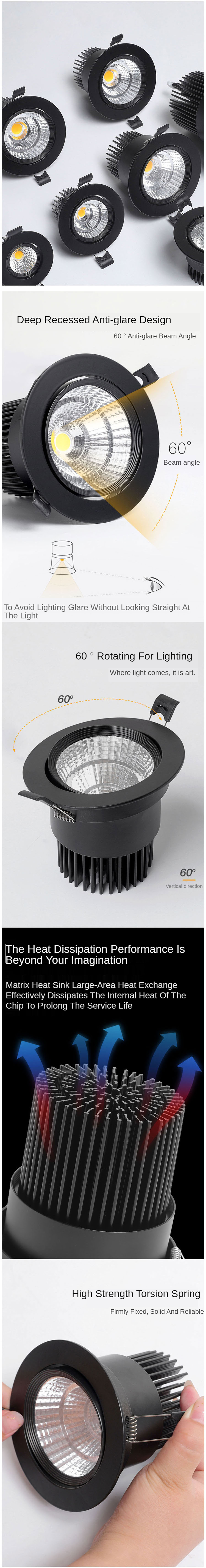 Recessed Dimmable Housing Round Adjustable 3w 5w 7watt 15w Project Led COB Spotlight Black