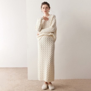 Women's Cashmere Wool <b>Knitted</b> <b>Set</b> Two Pieces V-neck Cable Sweater Pullover Skirt Suit Elegant <b>Set</b> Dress Soft Autumn Winter Thick - Product Image 3