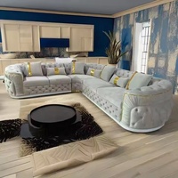 Sofá en Forma de L Tapizado en Tela Chesterfield con Acero Inoxidable Dorado para Sala de Estar, Villa o Casa de Huéspedes