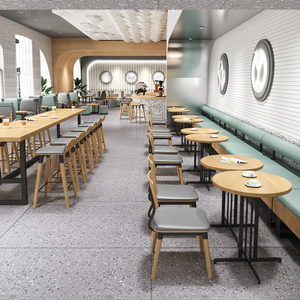 Ensemble de mobilier de café d'inspiration nordique avec banquettes rembourrées vert menthe, tables rondes en bois et chaises minimalistes - Product Image 1