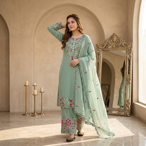 Exclusive Trendy Wedding Diwali Salwar Kameez Set Sequence Embroidery Stretchable Wrinkle-Free Top Plazzo Dupatta Roman <b>Silk</b> - Product Image 1