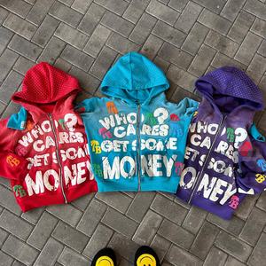 Sudadera con capucha extragrande de algodón 100% para invierno, con cremallera, estampado puff, lavado ácido, efecto desgastado, corte holgado y pedrería, de fabricantes personalizados - Product Image 3