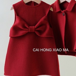 Cai Hong Xiao Ma Girls <b>Red</b> Woolen Dress Set With Cape And <b>Bow</b> Winter Outfit For New Year Solid Color Thickening Cotton Material - Product Image 3