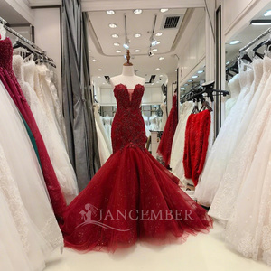 Jancember ANY18 Vintage rojo sin tirantes sirena tul tela vestidos de fiesta de noche - Product Image 4