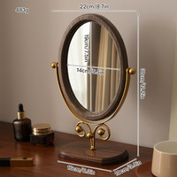 Vintage Single-Sided Solid Wood Silver Finish Oval Vanity Mirror Rotatable Foldable Desktop Standing for Home Dormitory Bedroom
