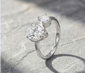 Bague en argent sterling S925 avec deux pierres, plaquée or 14 carats, moissanite taille poire et baguette, bague de fiançailles pour femme, cadeau - Product Image 6