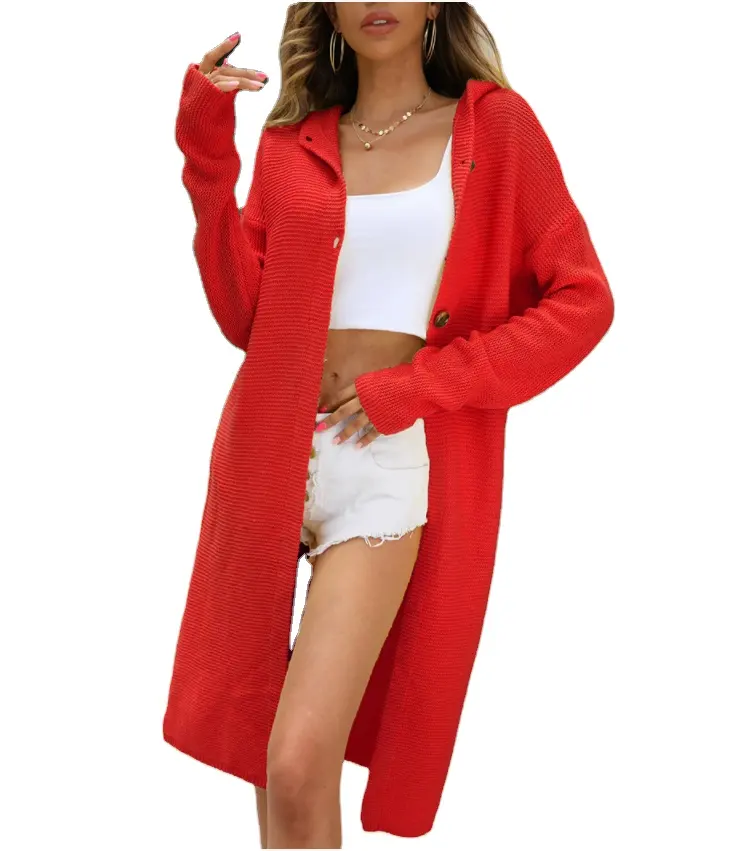 Sweater Cardigan Long Sleeve Hooded Long Knitted Cardigan Women's Coat New Autumn Winter Style Solid Color Standard High Street