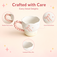 Tasse à café en céramique peinte à la main de 400 ml avec anse perlée rose, bord ondulé, tasse à eau, tasse de petit-déjeuner mignonne, cadeau pour filles
