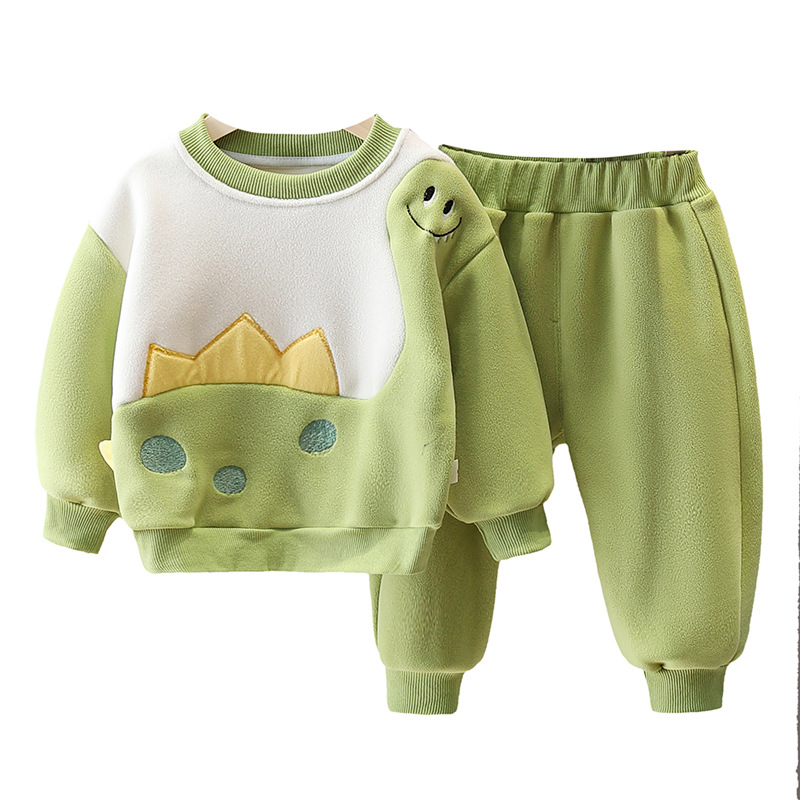Boys' Autumn and Winter Clothes Suit New Children's Fleece-lined Color Matching Animal Sweater Baby Pants Two-piece Baby Clothes