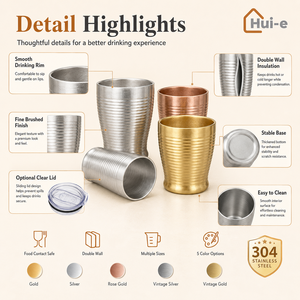 Vaso Reutilizable de Acero Inoxidable 304 de Doble Pared, Estilo Coreano con Rayas Horizontales, para Cerveza, Café o Agua, Personalizable, Venta al Por Mayor - Product Image 3