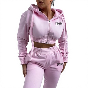 <b>Women</b> Crop Zip Up Hoodie and <b>Sweatpants</b> 2 Piece Tracksuit Set Fleece Casual Winter Outfit Wholesale OEM ODM <b>Women</b> Tracksuits - Product Image 3