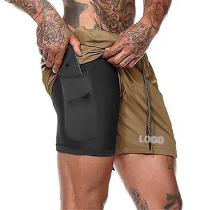 Shorts de gymnastique pour hommes, 2 en 1, Logo personnalisé, en maille, pour le Fitness, vente en gros