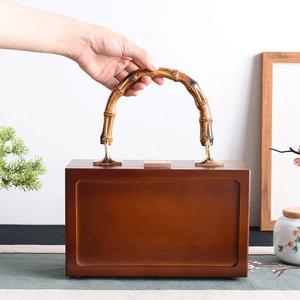 Caja de Almacenamiento Portátil de Madera, Rectangular, 9.5cm de Alto, Caja de Regalo de Madera Maciza con Asa de Bambú - Product Image 1