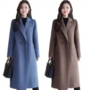 2024 iyi fiyat kadın moda ekose ceket orta uzun kruvaze uzun kadın yün ceket