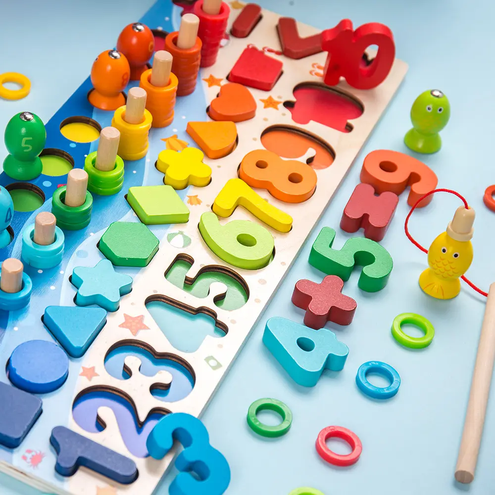 लकड़ी संख्या पहेली छँटाई Toddlers के लिए मोंटेसरी खिलौने-लकड़ी मछली खिलौना बच्चों के लिए-1 में 5 सीखने लकड़ी के लघुगणक बोर्ड