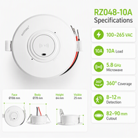 RZ048-10A 100-265VAC 10A Saklar Sensor Gerak Microwave Plafon Tersembunyi 360 Derajat untuk Kontrol Pencahayaan