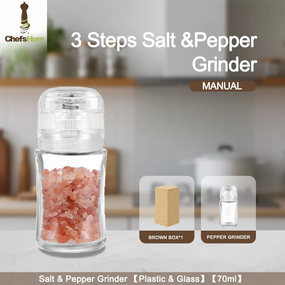 170ml Capacity Eco-Friendly Spcie Mills Salt and Pepper Grinder set with Glass Jars and Wood Lid Adjustable Manual Pepper Mills